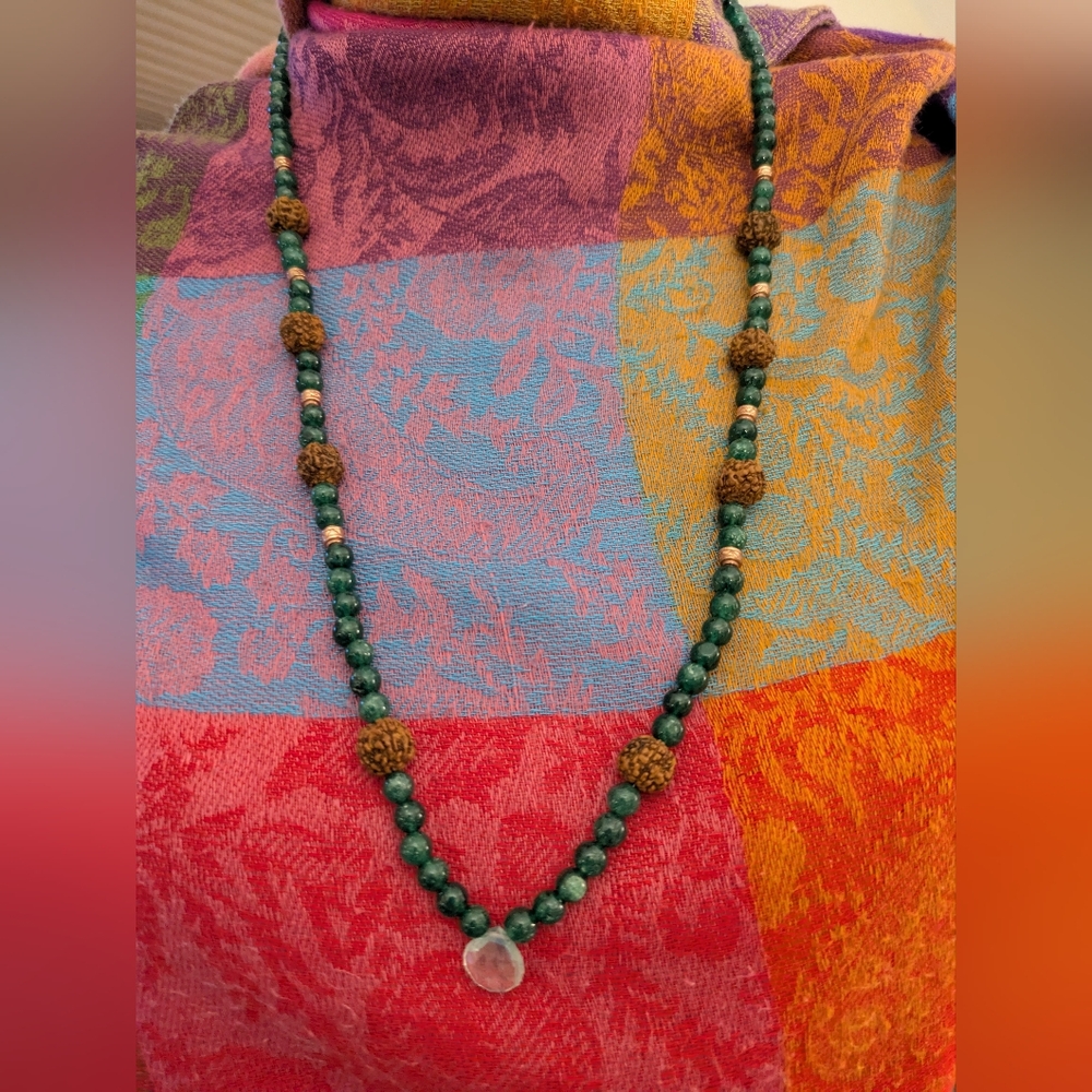 Moldavite necklace with rudraksha & copper Accents